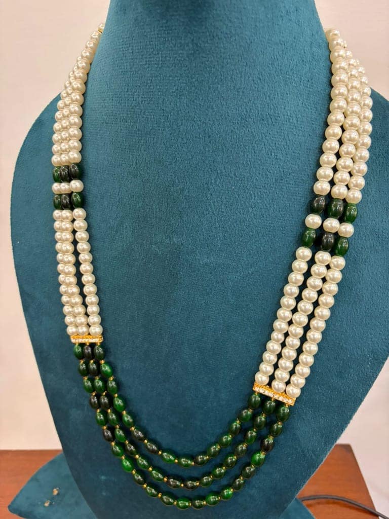 gold-bar segmented pearl necklace variant loaded with deep green semi-precious agate view 3