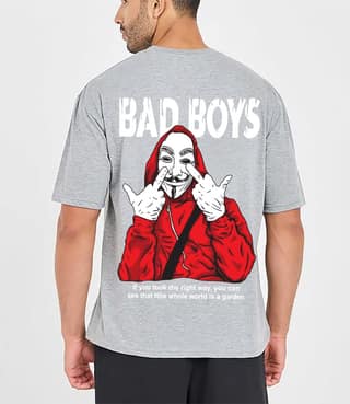 SCOTT FINCHER Men's Gray Oversized "BAD BOY" Graphic Printed T-shirt : AA(ARN)GREY_117