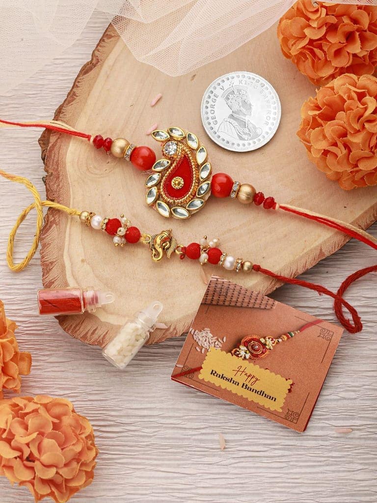 Set Of 2 Ganesha & Carry Ethnic Handcrafted Thread Rakhi with 999 Silver King George Round 10 gm Silver Coin