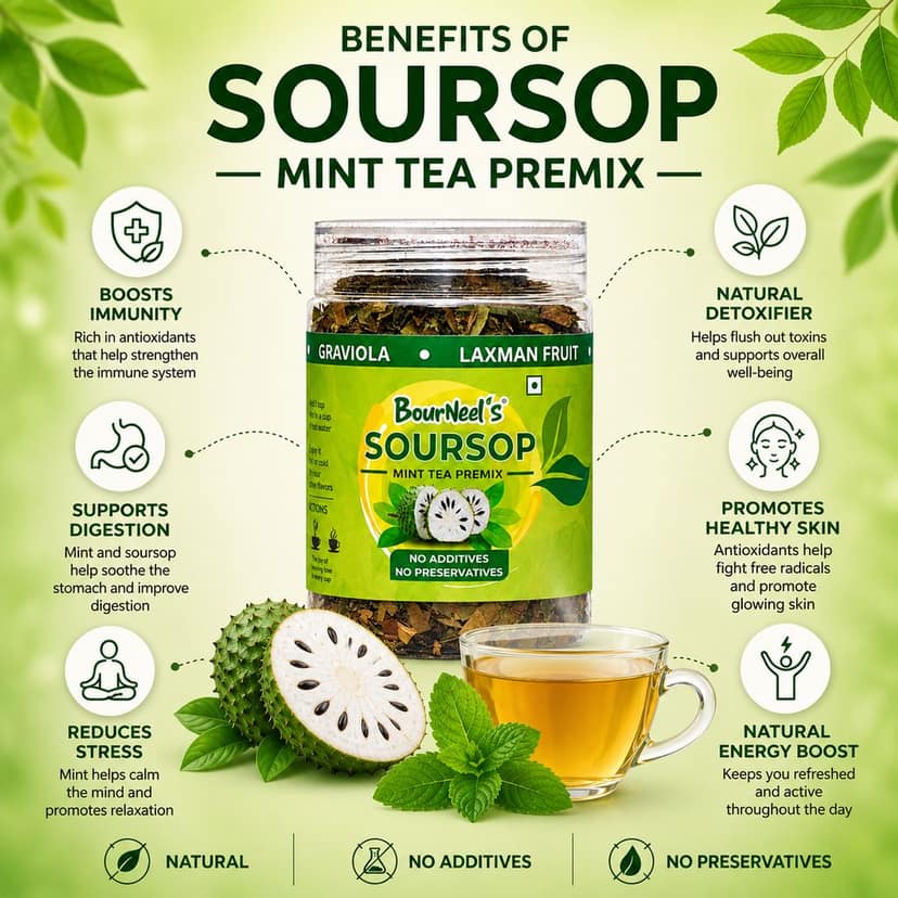 BourNeel's® Soursop Mint Tea Box (20 Bags)|Dipping Tea Bags | Combination of Dry Soursop Leaves & Mint Leaves| No Preservatives | Graviola Laxman Phal Dry Leaves | High Vitamin C |Soursop Mint Kadha Tea | view 3