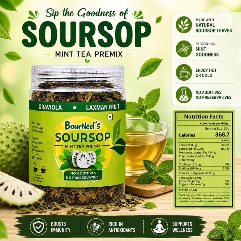 BourNeel's® Soursop Mint Tea Box (20 Bags)|Dipping Tea Bags | Combination of Dry Soursop Leaves & Mint Leaves| No Preservatives | Graviola Laxman Phal Dry Leaves | High Vitamin C |Soursop Mint Kadha Tea | view 4