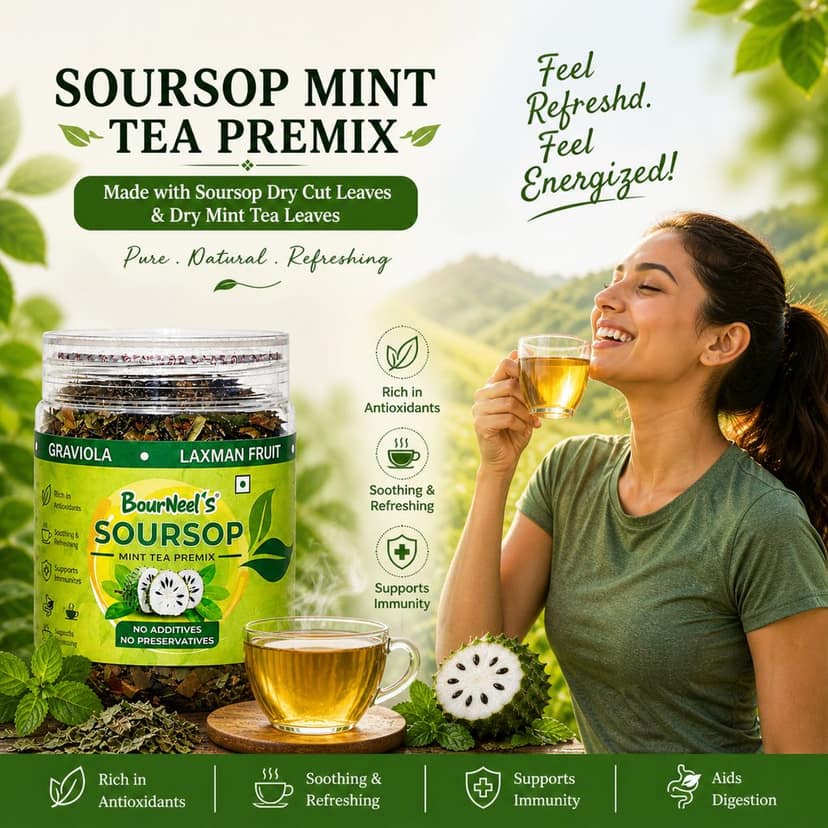 BourNeel's® Soursop Mint Tea Box (20 Bags)|Dipping Tea Bags | Combination of Dry Soursop Leaves & Mint Leaves| No Preservatives | Graviola Laxman Phal Dry Leaves | High Vitamin C |Soursop Mint Kadha Tea | view 7