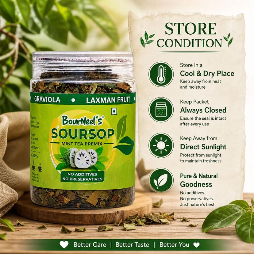BourNeel's® Soursop Mint Tea Box (20 Bags)|Dipping Tea Bags | Combination of Dry Soursop Leaves & Mint Leaves| No Preservatives | Graviola Laxman Phal Dry Leaves | High Vitamin C |Soursop Mint Kadha Tea | view 8