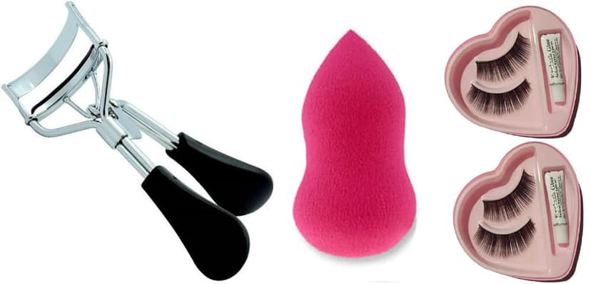 Glamezone Combo of Eyelash Curler,Beauty Blender(Puff) and False Eyelashes (Pack of 2) for Women (Set of 4)
