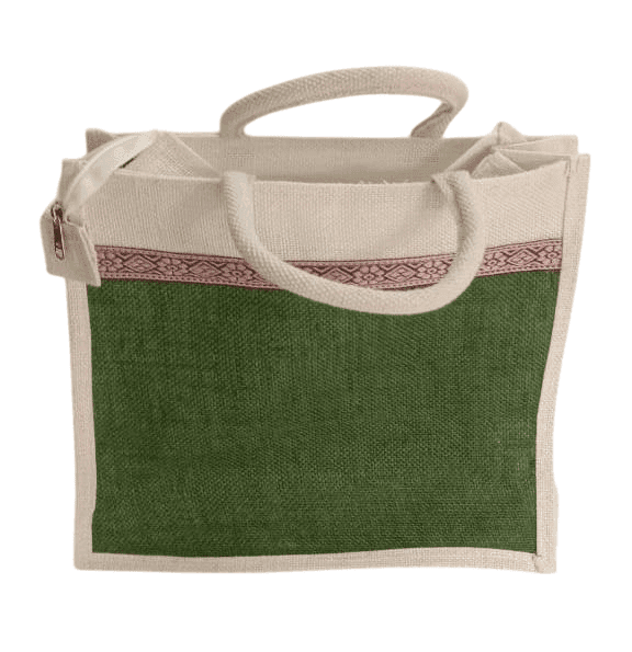 NLR RURAL Green Jute Tote Bag with Zipper and Pink Trim view 3