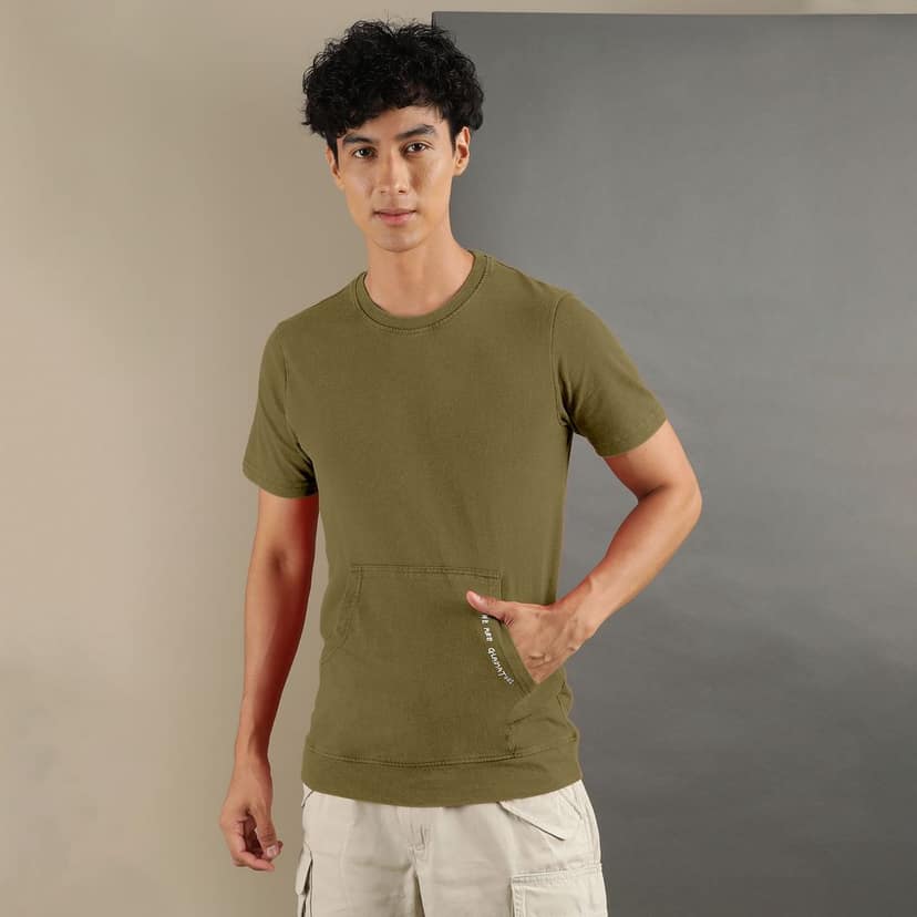 Ftx Men Solid Round Neck Kangaroo Pocket Half Sleeve Tshirt