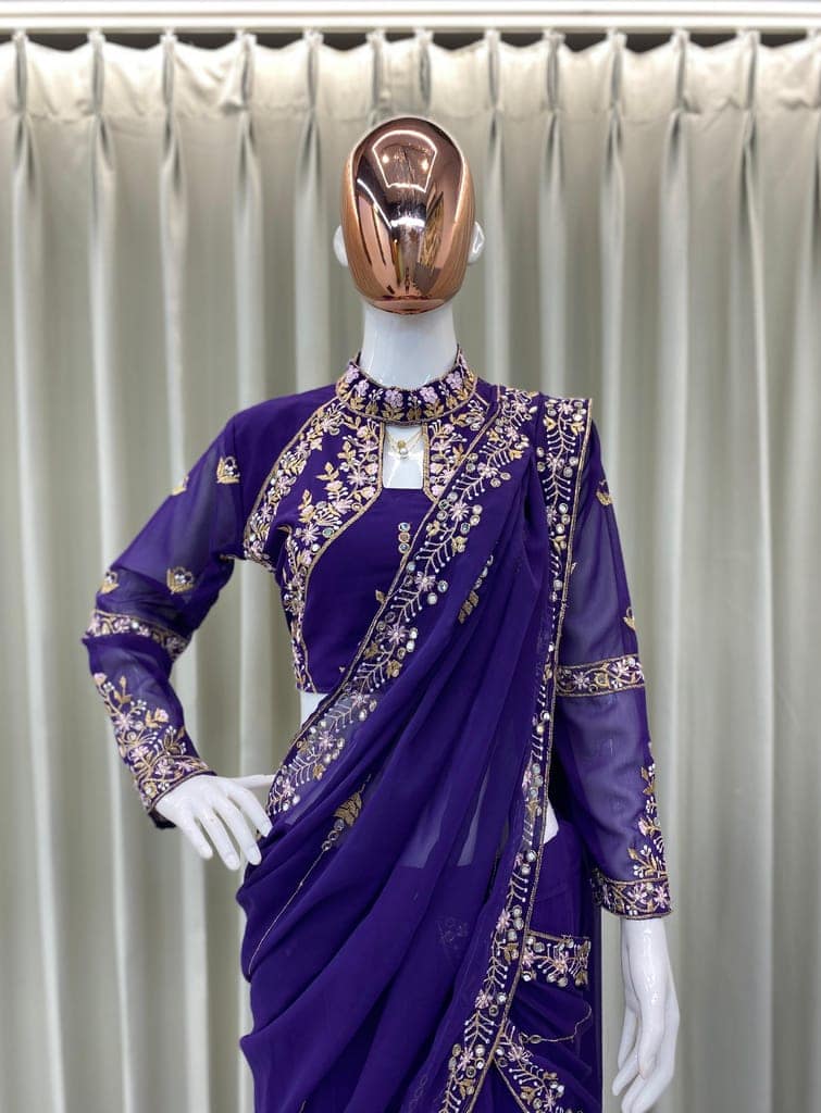 Red Purple Indian Wedding Party Lehenga Saree Ready To Wear With Stitched Blouse Readymade view 7