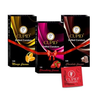 Cupid Dotted & Flavoured Condoms Chocolate, Strawberry & Mango Flavour (Pack of 3) | Lubricated & Multitextured Condoms | For Her Enhanced Pleasure | Pack of 3, 12 Pcs Each