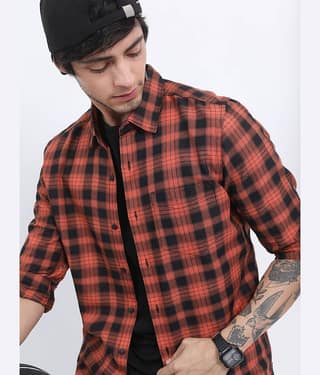 Ketch Cotton Blend Slim Fit Checks Full Sleeves Men's Casual Shirt - Rust ( Pack of 1 )