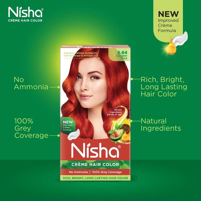Nisha Creme Hair Color 5.64 Copper Red 120g, Permanent Hair Colour Ammonia Free Hair Color 100% Grey Coverage view 5