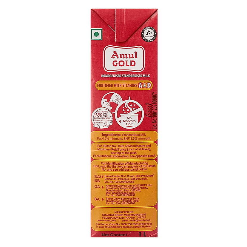 Amul Gold Homogenised Standardised Milk, 1 L Carton view 2