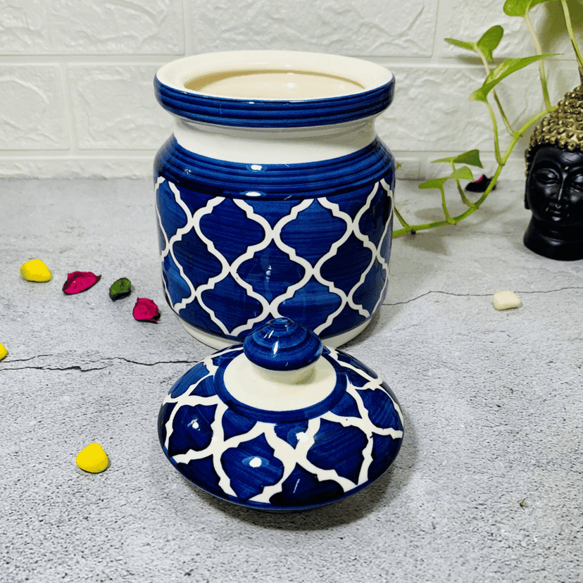 Homefrills Multi-Utility Storage Ceramic Jar & Container with Lid/Achar Barni for Storage of Achar/Snacks /Pickle/cookies etc. (1 jars with Lid )Colour-Blue Capacity-1000 ml/1 KG(approx) view 2
