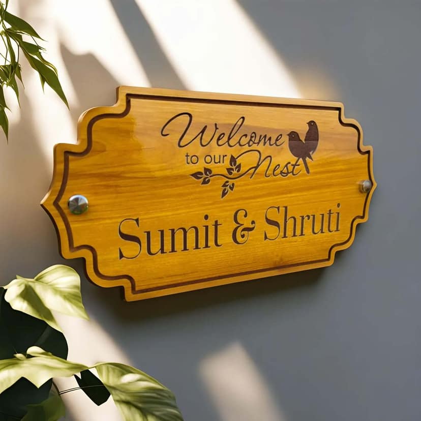 iCreations Wooden House Name Plate with Engraved Letters (6x12 Inch)
