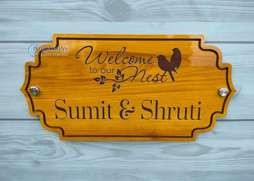 iCreations Wooden House Name Plate with Engraved Letters (6x12 Inch) view 2