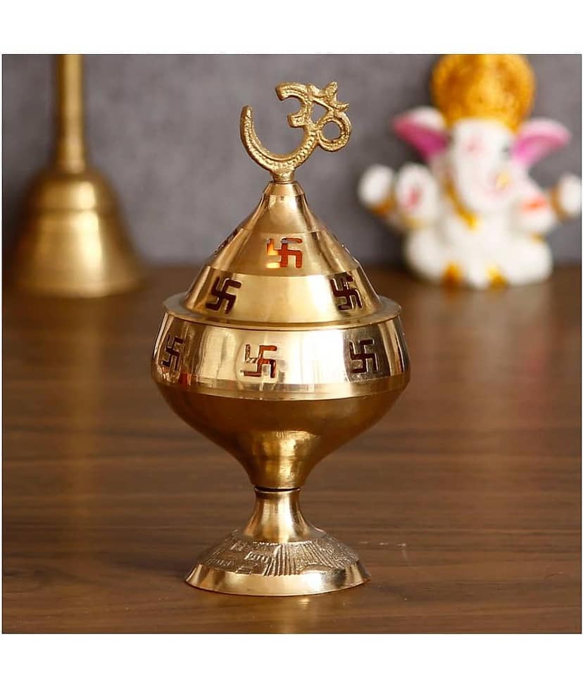 eCraftIndia Gold-Toned Om and Swastik Brass Diya view 2