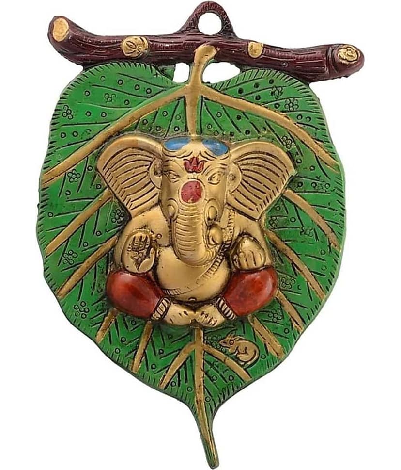 Fashion Bizz Lord Ganesha In Red Dhoti On Green Leaf Decorative Showpiece - 22 cm