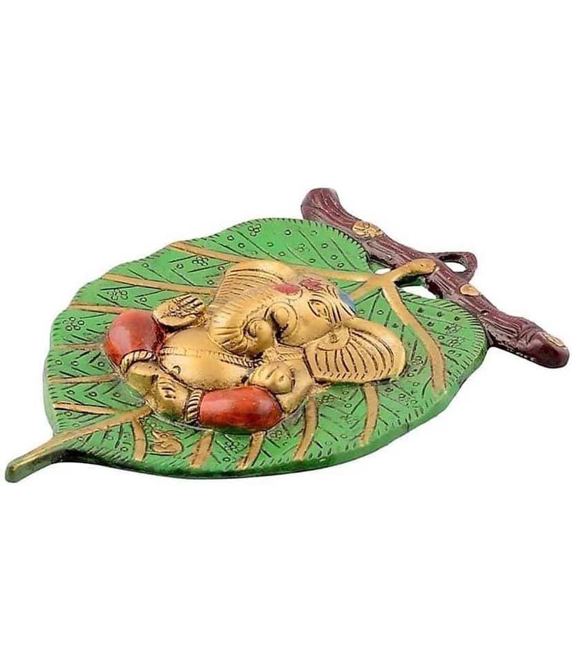 Fashion Bizz Lord Ganesha In Red Dhoti On Green Leaf Decorative Showpiece - 22 cm view 2