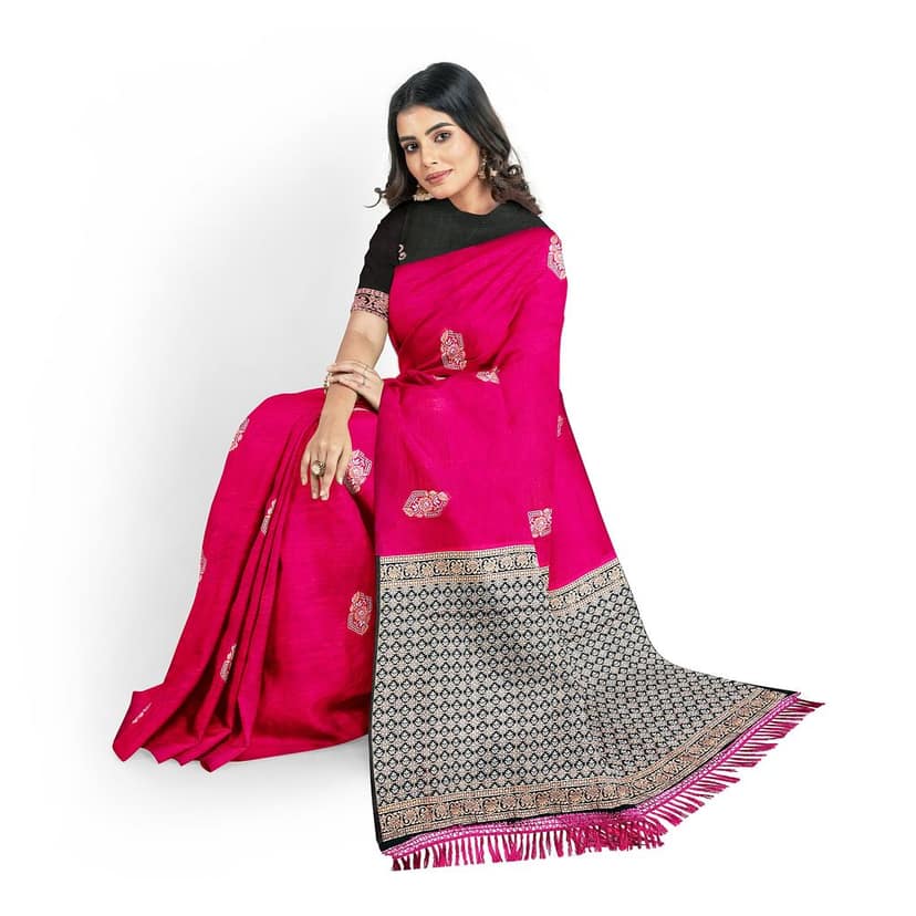 Red Color Silver & Copper Zari Butta Saree with Contrast Blouse view 2
