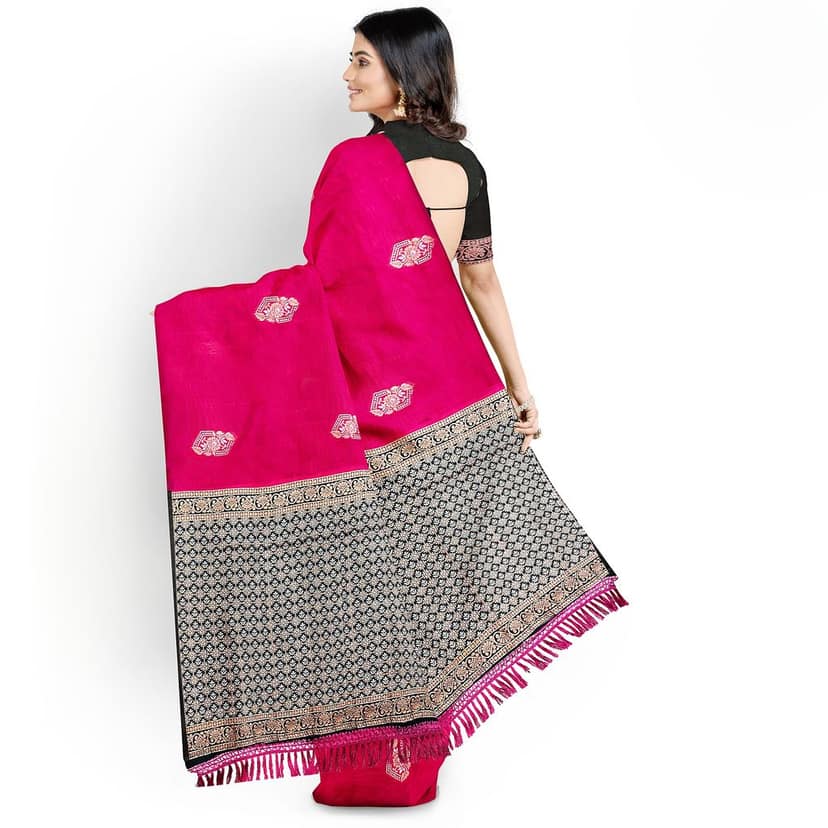 Red Color Silver & Copper Zari Butta Saree with Contrast Blouse view 4