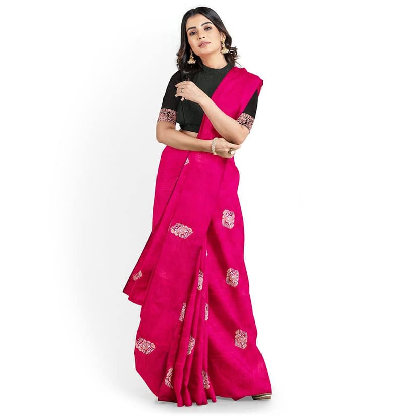 Red Color Silver & Copper Zari Butta Saree with Contrast Blouse view 5
