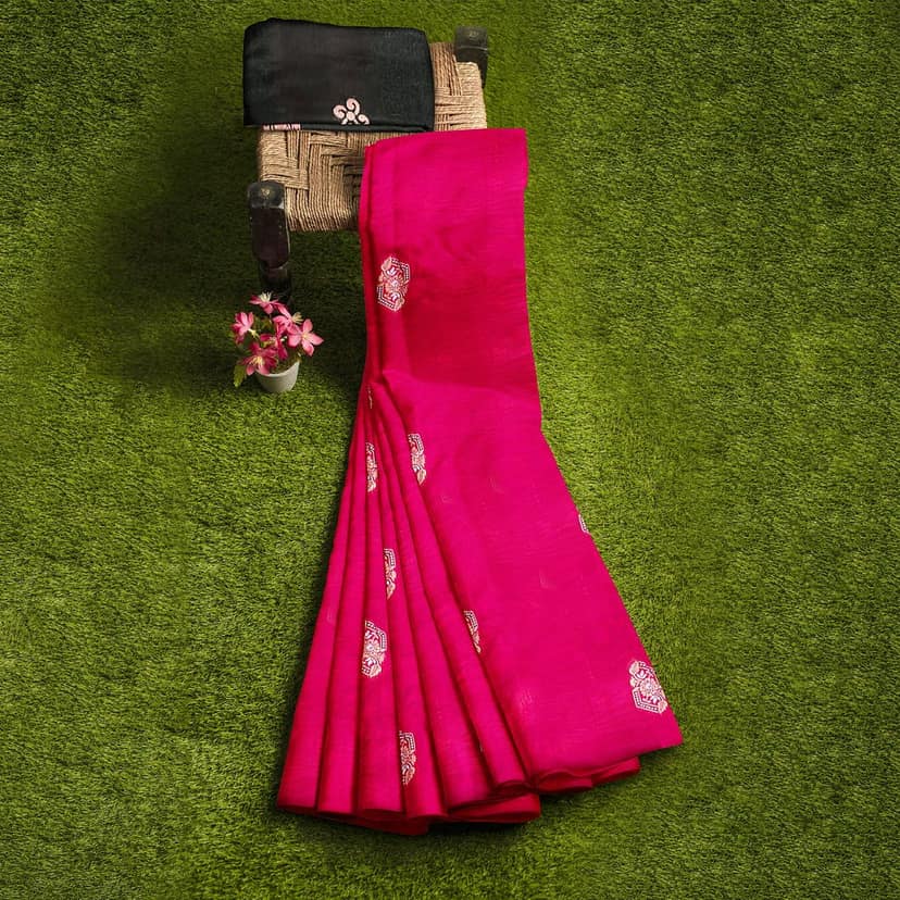 Red Color Silver & Copper Zari Butta Saree with Contrast Blouse view 6