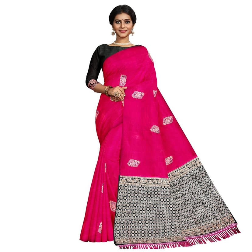 Red Color Silver & Copper Zari Butta Saree with Contrast Blouse view 7