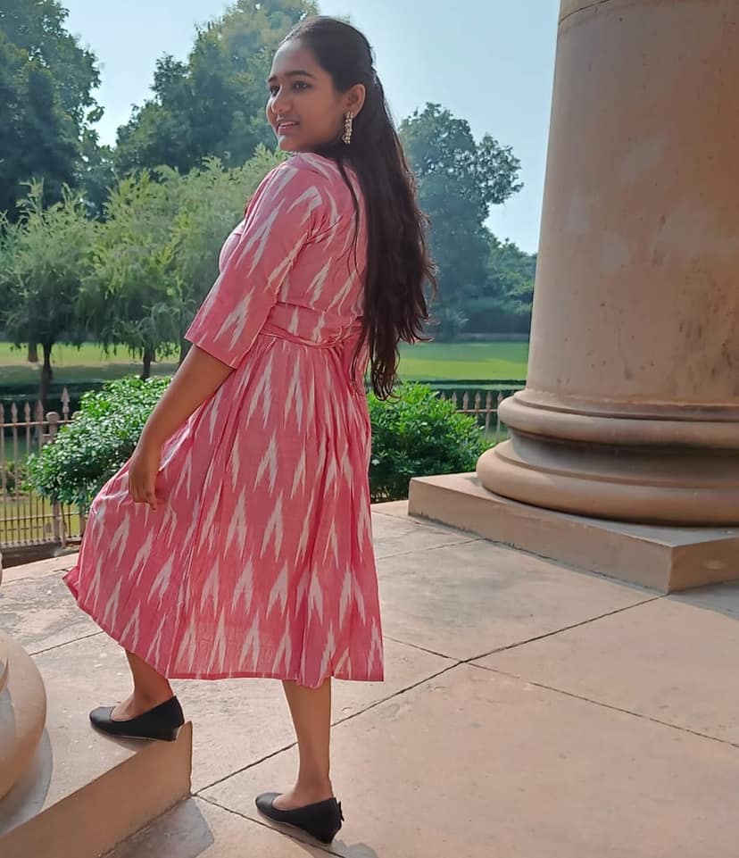 Pure Cotton Ikkat Dress Blush Pink Colour (Size XXS(32) to Plus Size(56))-9660 view 3