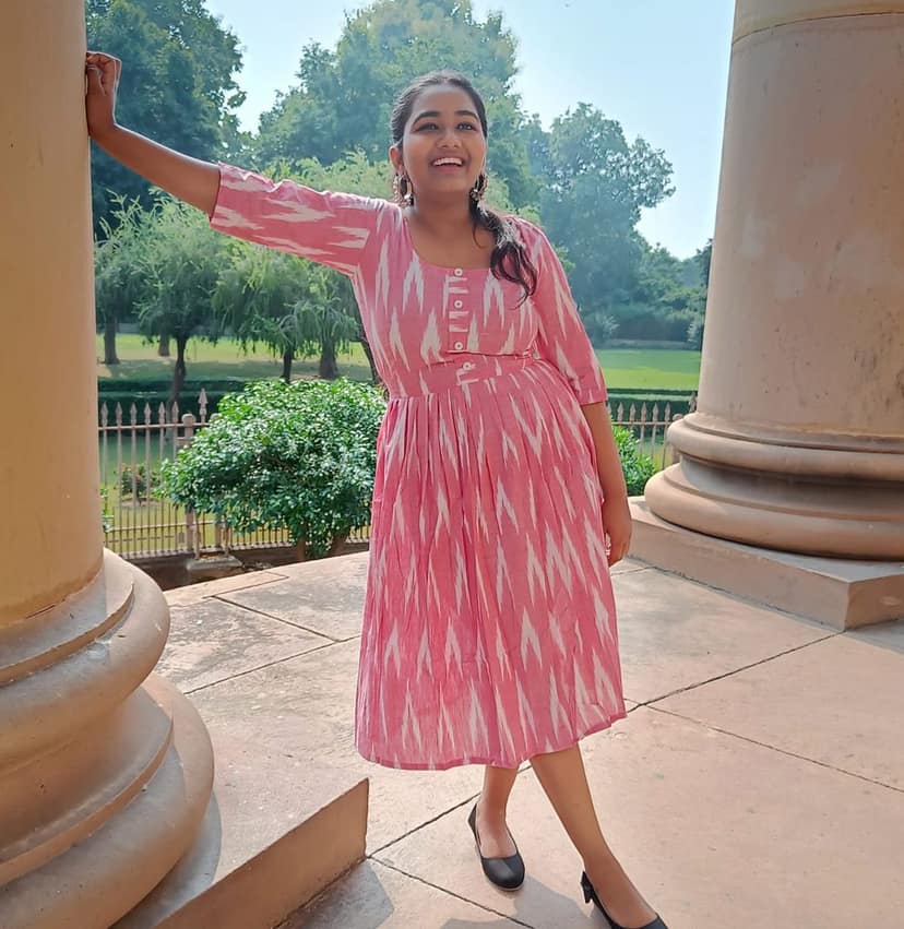 Pure Cotton Ikkat Dress Blush Pink Colour (Size XXS(32) to Plus Size(56))-9660 view 4