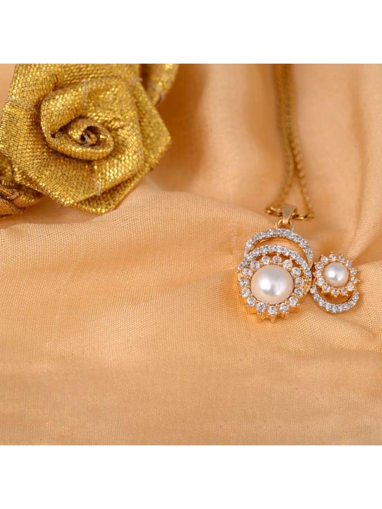 Gold plated AD and Pearl studded Pendant Earrings set chain for Women Girls view 2