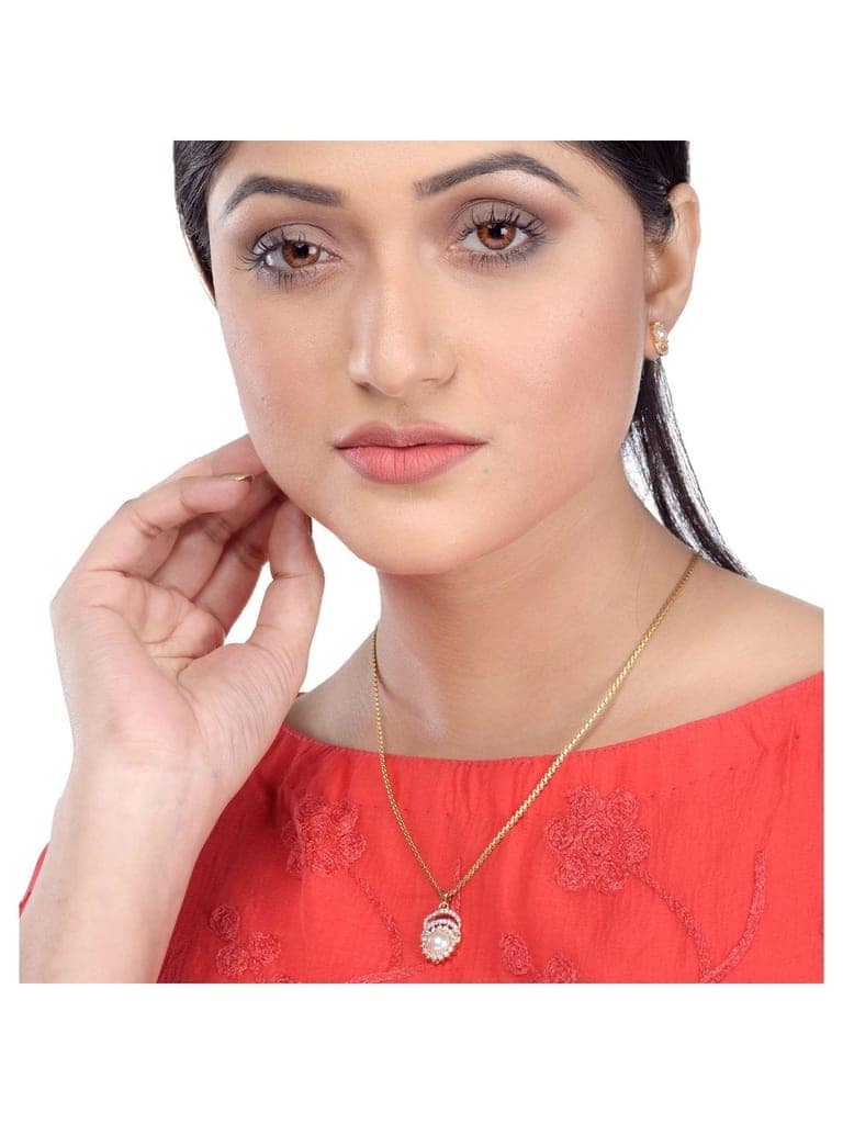 Gold plated AD and Pearl studded Pendant Earrings set chain for Women Girls view 3