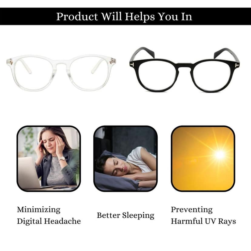 4Flaunt UV Protected & Anti Glare Oval Spectacles Optical Frame, Customizable Lens, Helps In Minimizing Digital Headache, Better Sleeping For Men & Women (Transparent & Black) view 3
