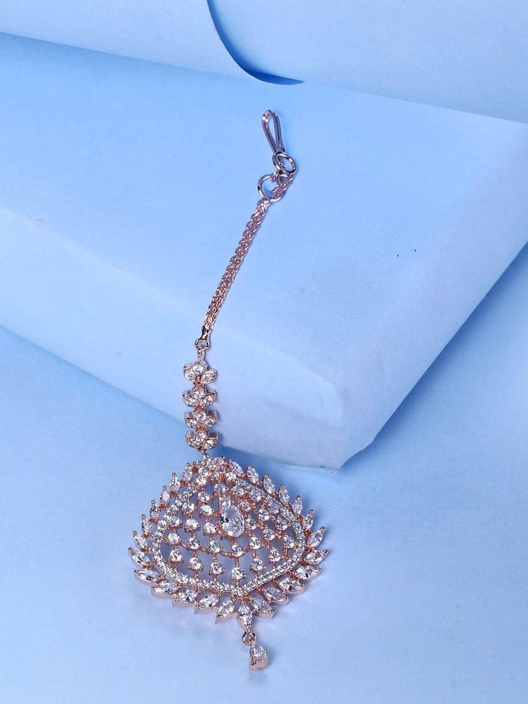 Rose Gold Toned AD Studded Handcrafted Statement Bridal Maangtika view 2