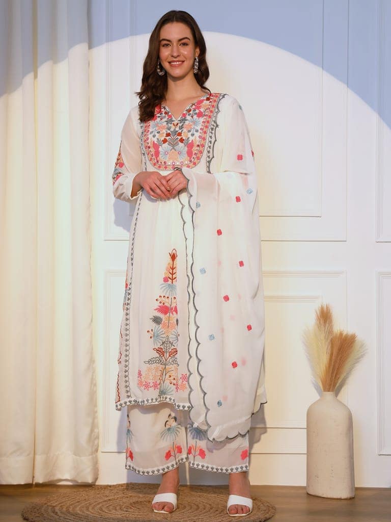 ASPORA Heavy Floral Embroidered Mirror Work Kurta With Palazzos & Dupatta