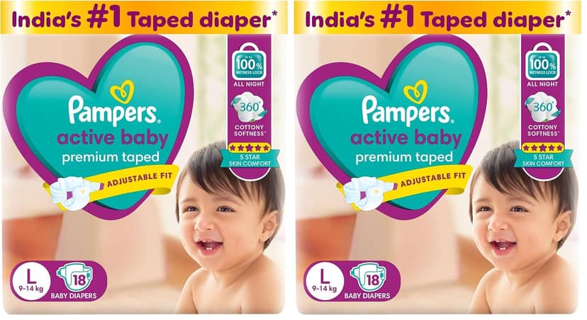 Pampers Active baby Tape Style Baby Diapers, Large (L), 18 Count, 9-14kg, Adjustable Fit with 5 Star Skin Protection Diapers (Pack of 2) Pampers Active baby Tape Style Baby Diapers, Large (L), 18 Count, 9-14kg, Adjustable Fit with 5 Star Skin Protection