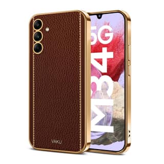 Vaku Luxos Luxemberg Back Cover for Samsung Galaxy M34 5G with Leather Pattern Gold Electroplated Soft TPU Cover Scratch Resistant Camera Protector Shockproof Protective Case- Brown
