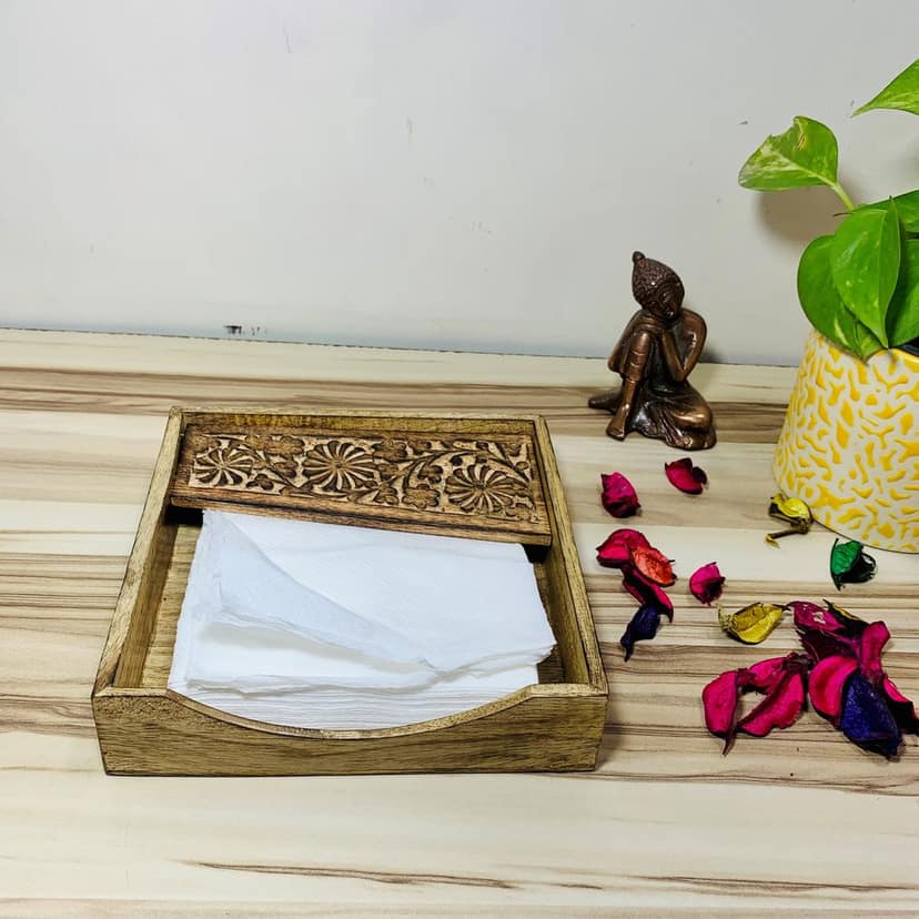 Homefrills Square Antique Handcrafted Mango wood Elegant Tissue Holder,Tissue Organizer, Tissue Dispenser,Tissue Box,Facial Paper Napkin Holder for Car, Home, Office Desk, Bathroom and Cafeteria