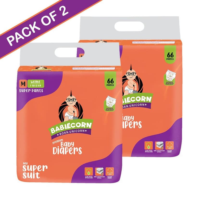 BABIECORN My Super Suit Baby Diaper Pants with Wetness Indicator 7 to 12kg - M (132 Pieces)