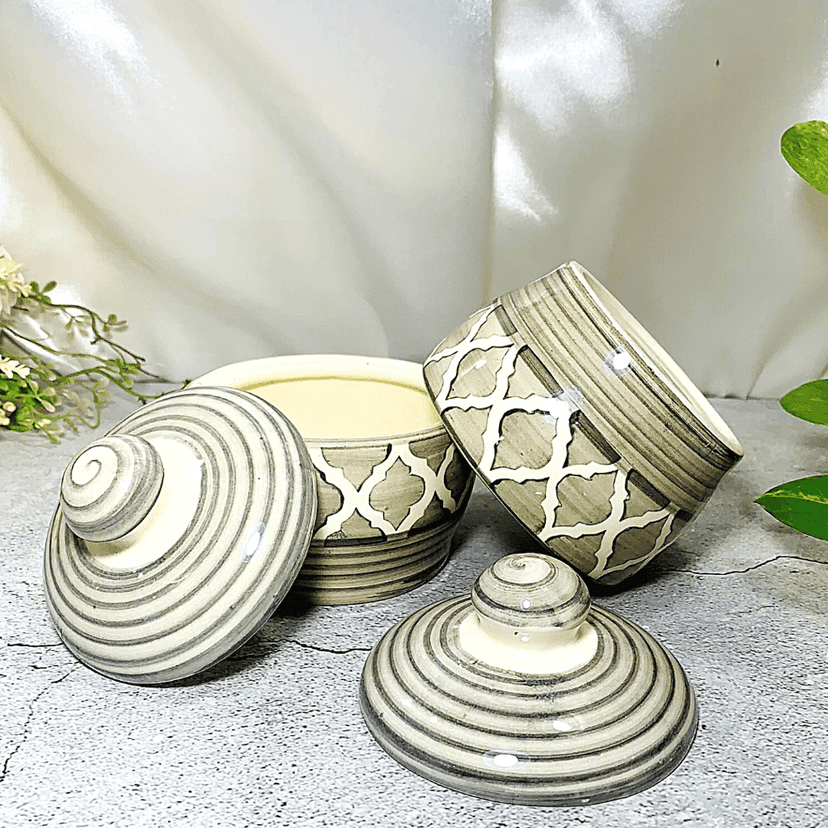 Homefrills Handpainted Multi-Utility Storage Ceramic Jars & Containers with Lid Ceramic Jars for Kitchen& Dining Table Storage Snacks /butter Jars Set of 2(2 jars with Lid ) Colour-Grey view 2