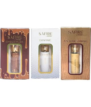 SAFIRE CHOCO MUSK, DIVINE & ZAFRAN SANDAL ATTAR (COMBO PACK 6ML*3) ROLL-ON PERFUME OIL FOR MEN AND WOMEN