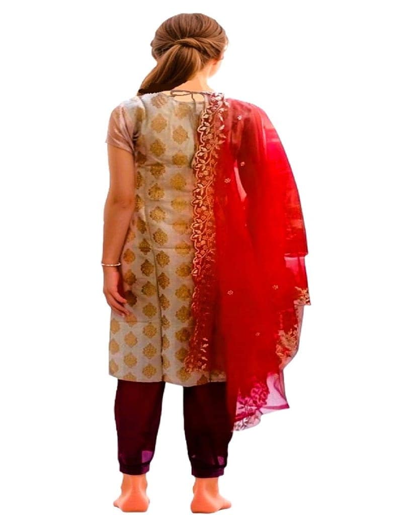 MyCOST Zari Weave Jacquard Festival wear Kurta Pant Dupatta Set, Sleeves attached view 5