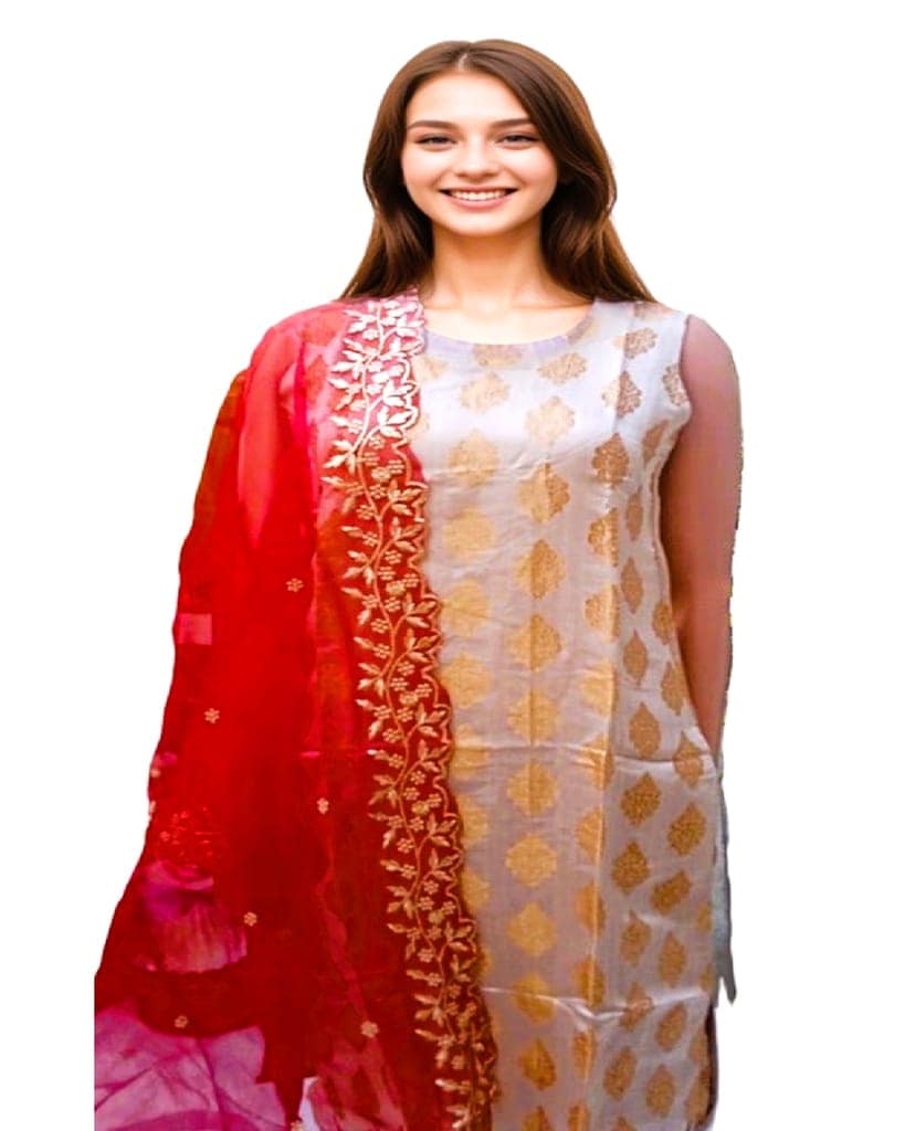 MyCOST Zari Weave Jacquard Festival wear Kurta Pant Dupatta Set, Sleeves attached view 6