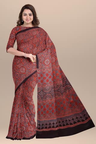 Black Ajrakh Hand Block Printed Cotton Saree with Floral and Geometrical Print SKU-BS10078