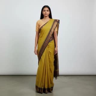 Mango Yellow Kanchipuram Cotton-Silk Saree with Temple Border