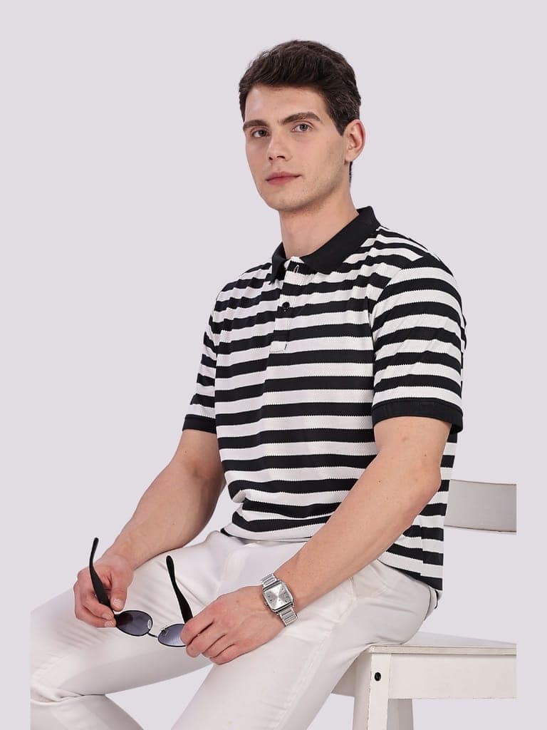 Puff Cotton Black & White Striped Polo view 3