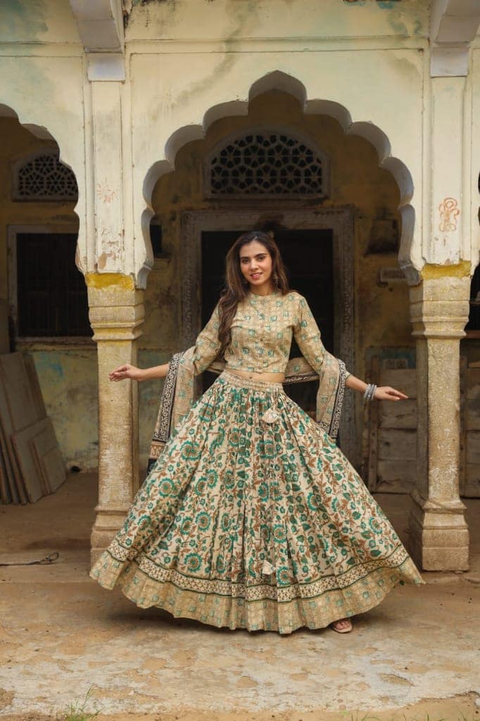 Handblock Printed Cotton Lehanga And Top With Mulmul Dupatta (Size: 34-46) Light Brown & Off White Color-1302 view 3