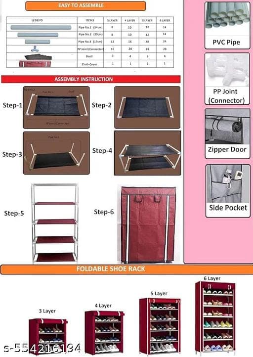 VMV-STORE 6 Shelves Shoe Rack Plastic Zip Door Cover Blue 6 Layer view 2