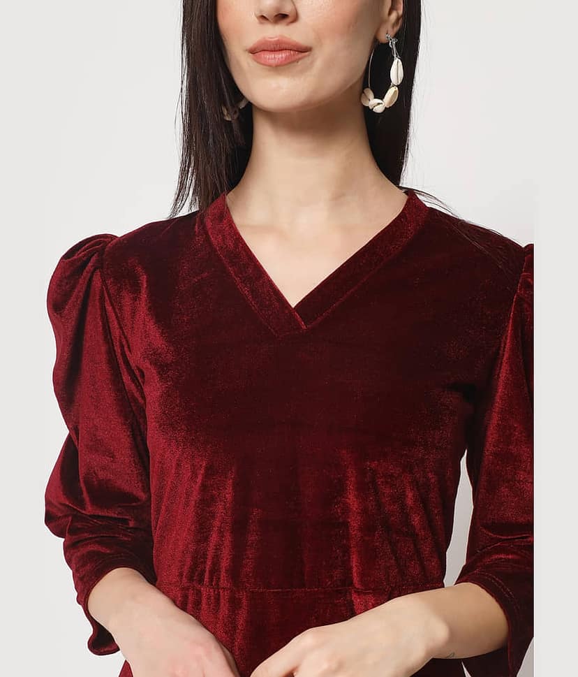 Rudrakriti Women Velvet Solid A-line Dress ( Maroon ) view 2
