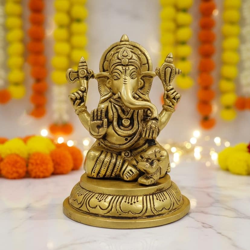 Brass Ganesh Statue � Lord Ganesha Brass Religious Showpiece, Height : 4.5 Inch (BSMAS1897 G)