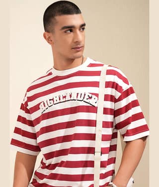 Highlander Men Cotton Blend Oversized Fit Striped T-Shirt ( Off White )