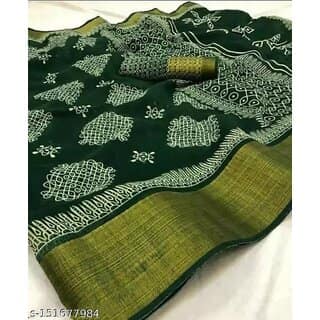Dark Green Colour Cotton Printed saree With Blouse Piece